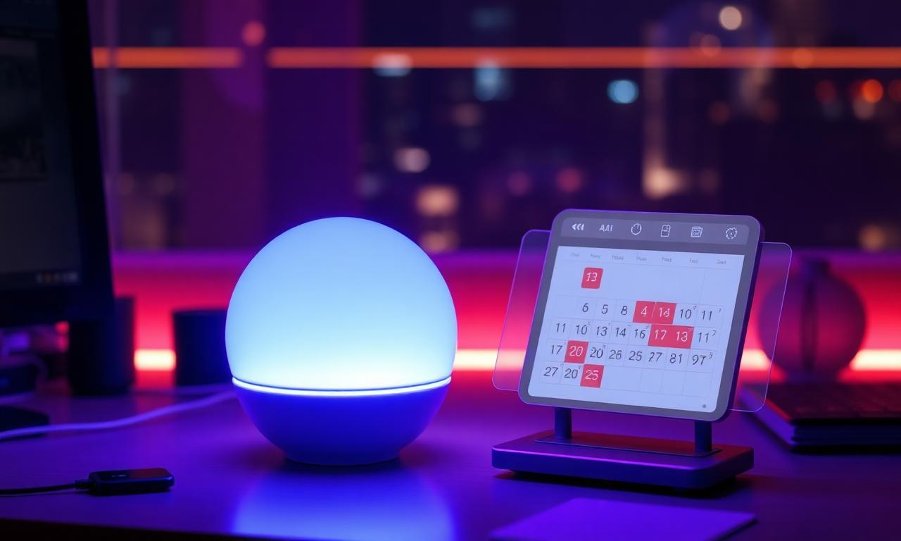 Futuristic AI voice assistant orb beside a calendar booking interface